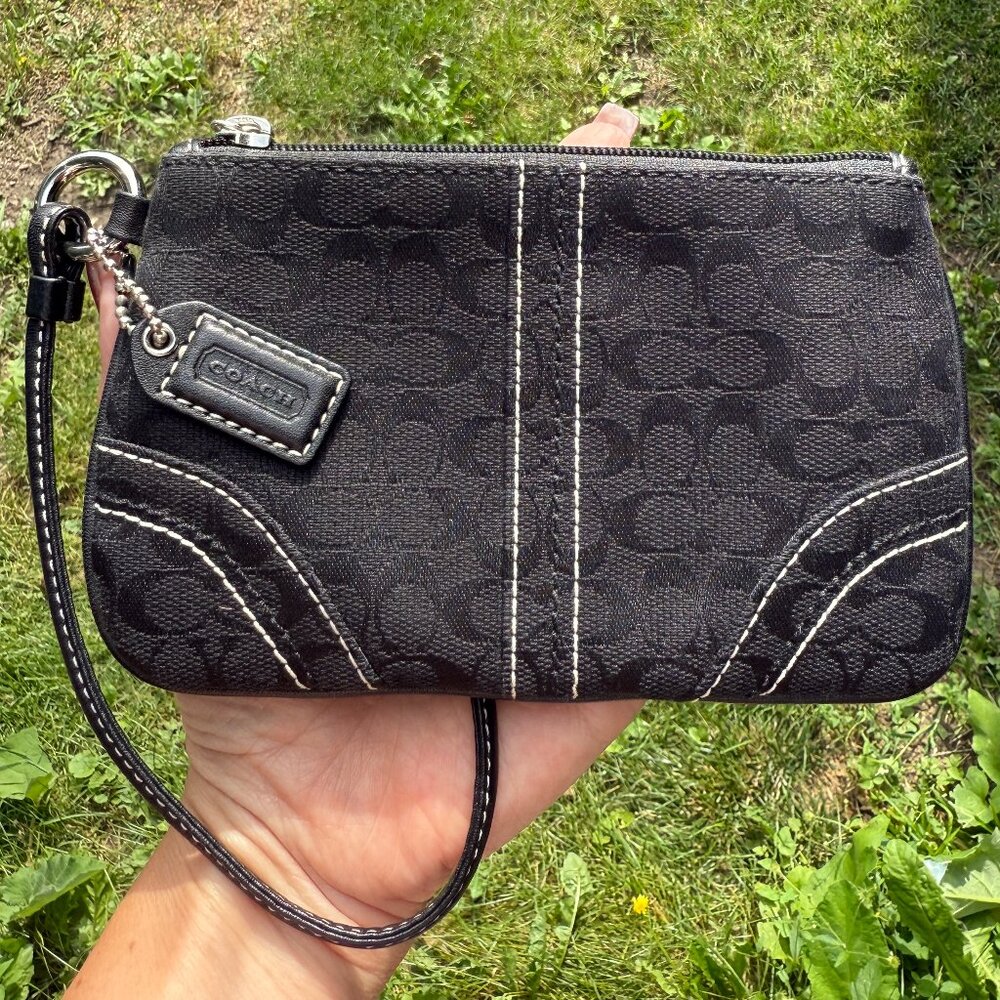 Coach Black Signature C's Wristlet with White Stitching Details